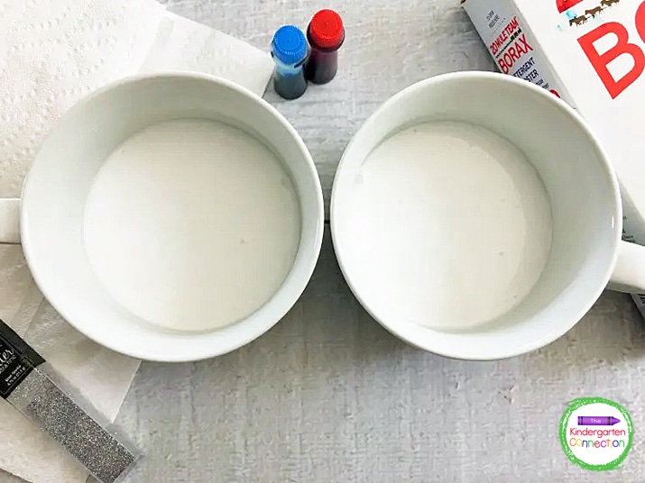 In two separate small bowls, combine 1/4 cup of glue with 1/4 cup of warm water and mix well.