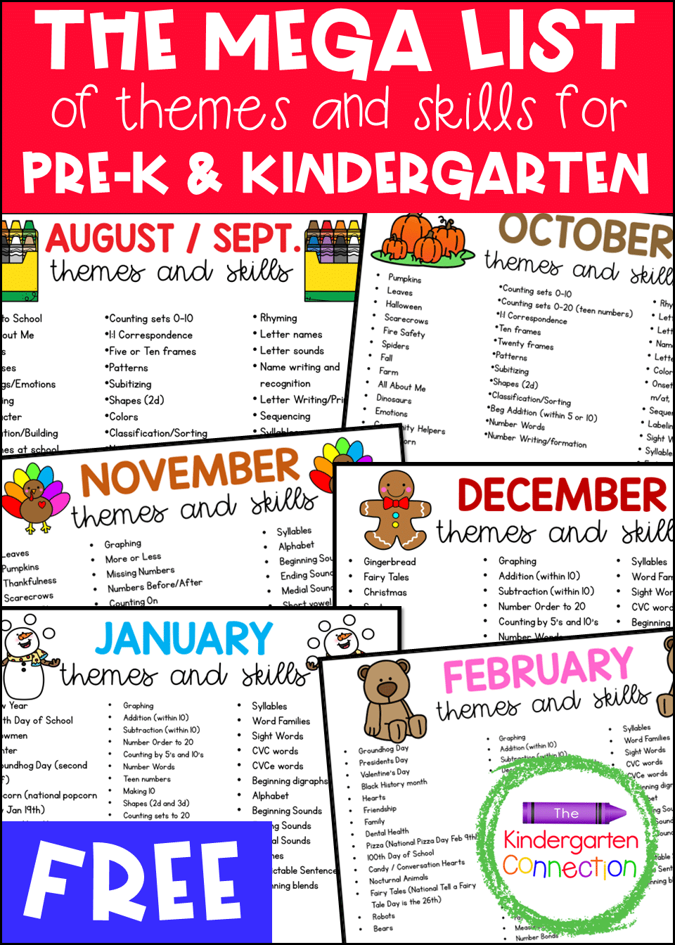 Grab our free, clickable Mega List of Themes and Skills for Pre-K & Kindergarten Lesson Plans to see what themes/skills I cover in my classroom all year!