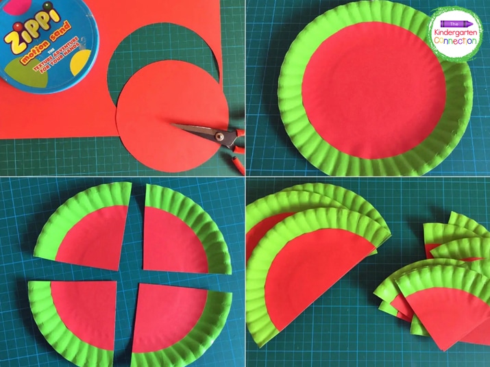 Begin by cutting circles from the red paper. Then, glue the circles to the centers of the plates and cut the plates.