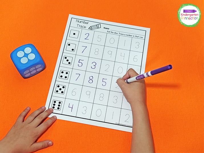 In this Back to School printable, students roll a die and trace a number in the row with the matching dice picture.