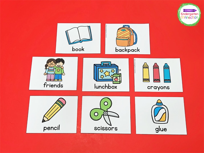 This pack includes 8 vocabulary cards that showcase common back to school themes.