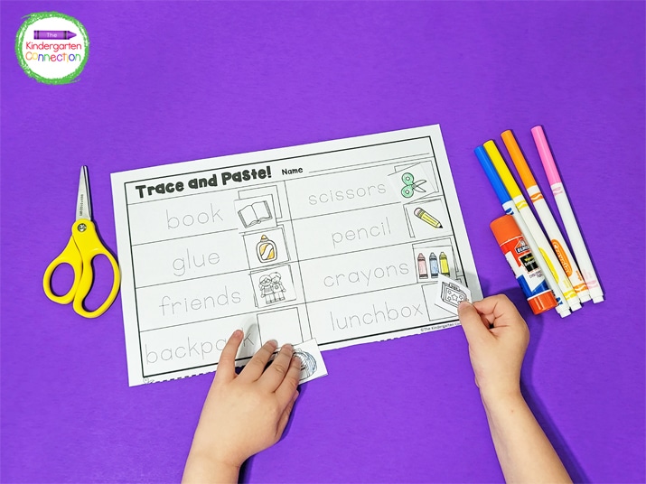 We use fun writing tools like skinny markers on the Trace and Paste printable.