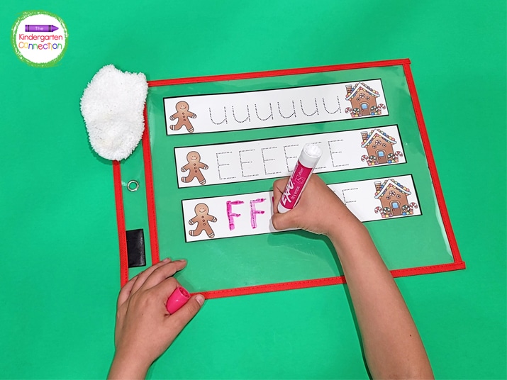 Add the letter tracing strips to a dry erase pocket sleeve and your kiddos can use dry erase markers to write with!