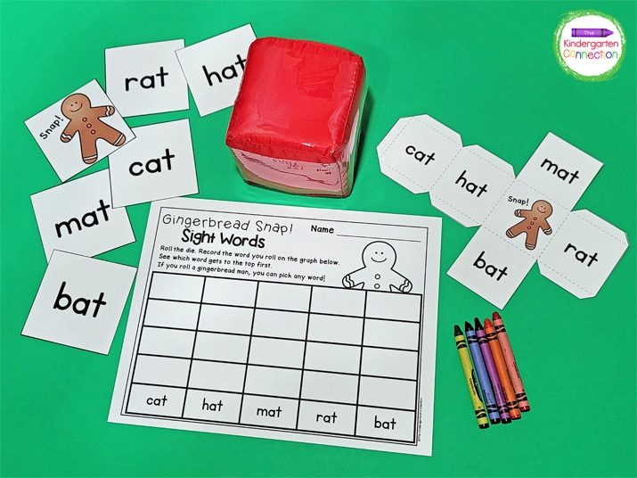 This sight word game includes a Gingerbread Sight Words recording sheet, printable die, and pocket die cards.