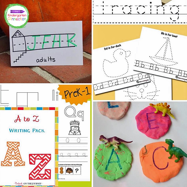 Handwriting practice for kids can include writing on play dough or this A to Z Writing Pack.