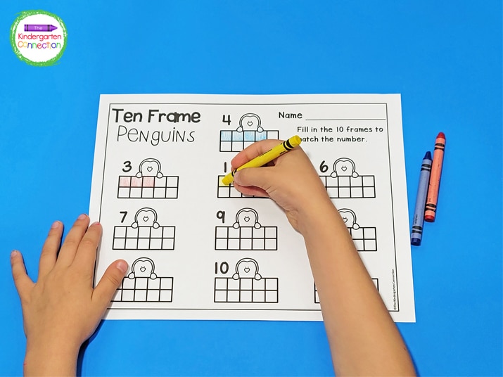 Students identify the number next to the penguin and fill in the ten frame to match.