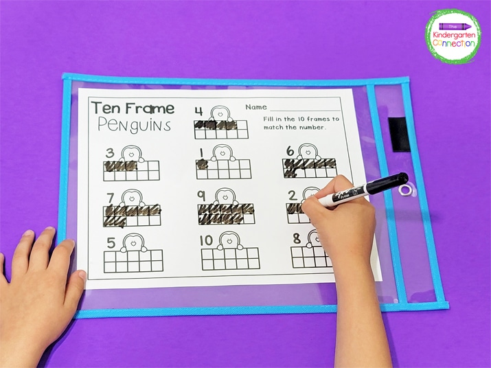 Slip the ten frame printable into a dry erase pocket sleeve and use dry erase markers to color.