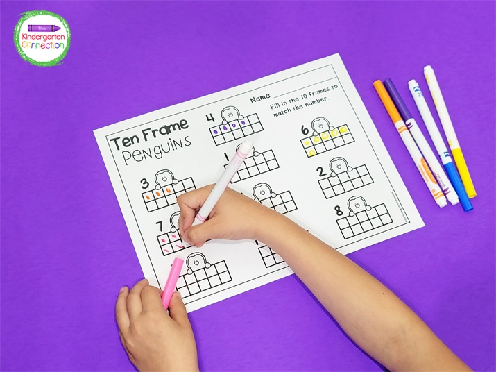 To play, all you need is the ten frame printable and some fun coloring tools like skinny markers!