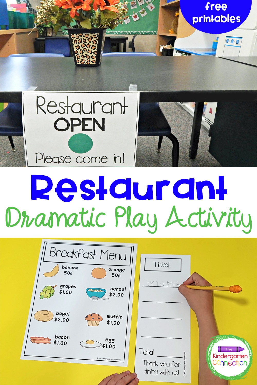 Have fun reading, doing math, and developing social interactions with this Restaurant Dramatic Play Activity and FREE printables!