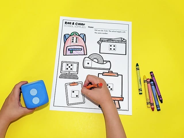 Roll and Color School Supplies Counting Printables