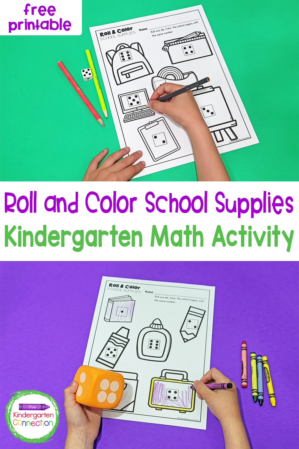 These free Roll and Color School Supplies Counting Printables are the perfect no-prep math activity to add into your math centers!