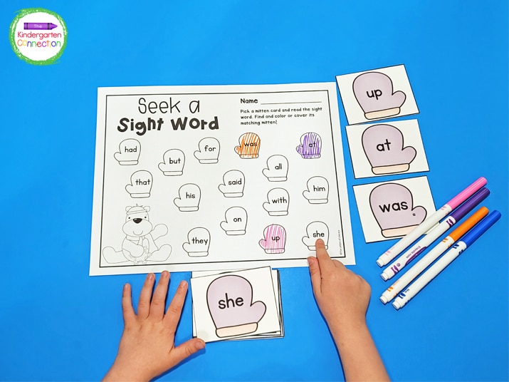 Place the Seek a Sight Word recording sheet and mitten cards in your literacy centers with fun coloring tools.