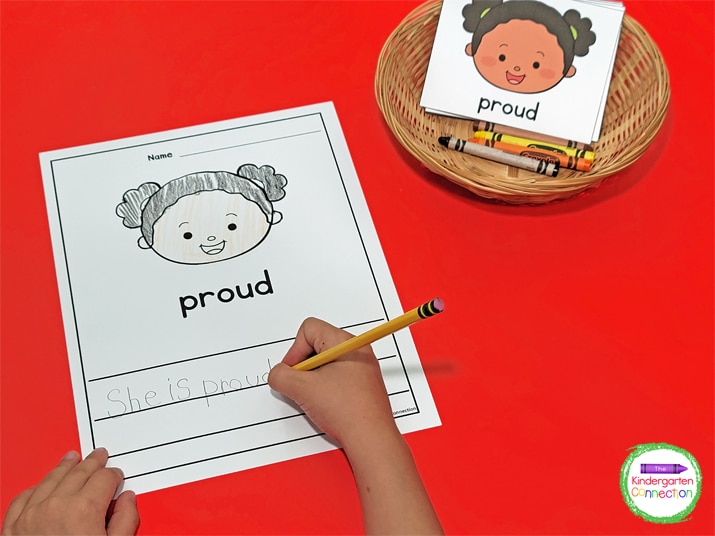 With the story book, kids can write a few sentences or a short story about the feeling displayed on the page.