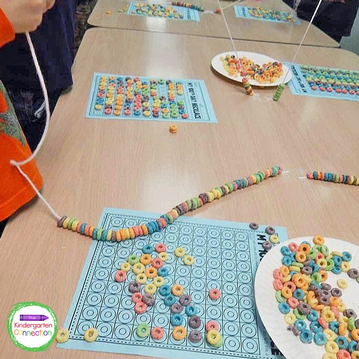Students add 100 pieces of fruit cereal to each string.