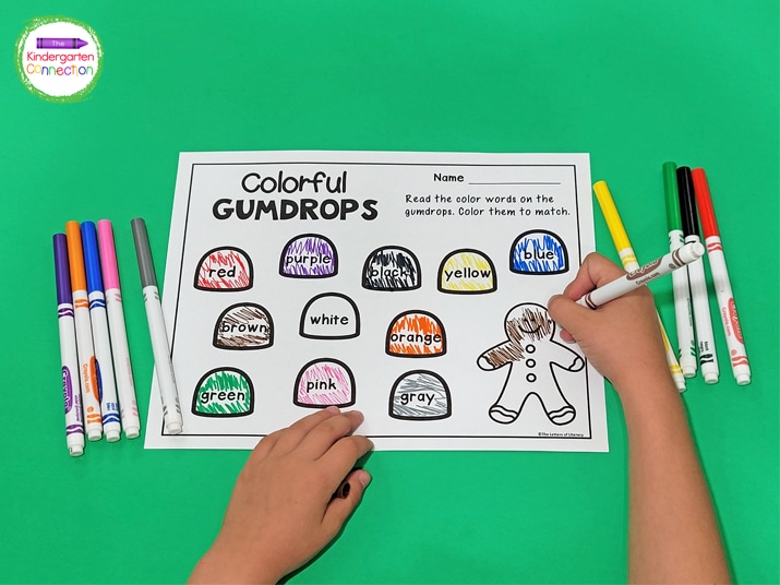 Your students will have a blast coloring the cute gingerbread man in the corner of the color words printable!