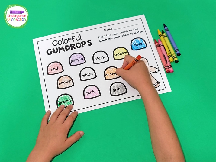 To play, students read the word and then color the gumdrops on the color words printable.