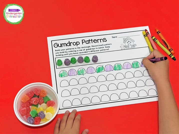 Students build the pattern with the gumdrops and then color the pattern printable to match.