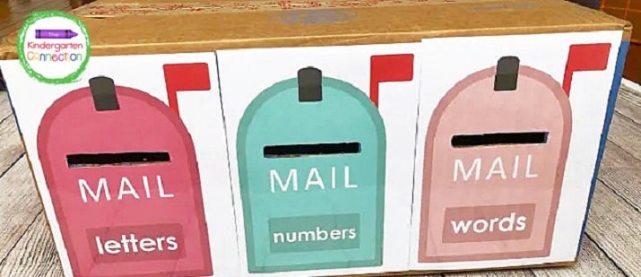 Once you have all of the slits cut, tape each of the mailbox pictures to the box.