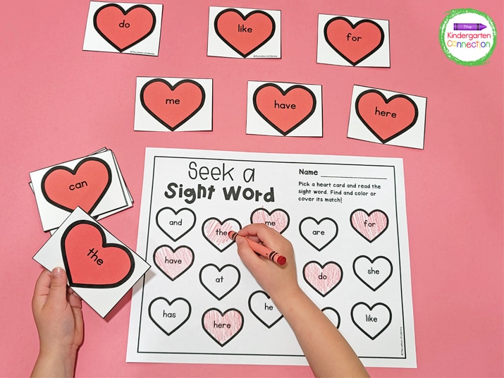 Place the Seek a Sight Word recording sheet in your literacy center with crayons and the sight word hearts.
