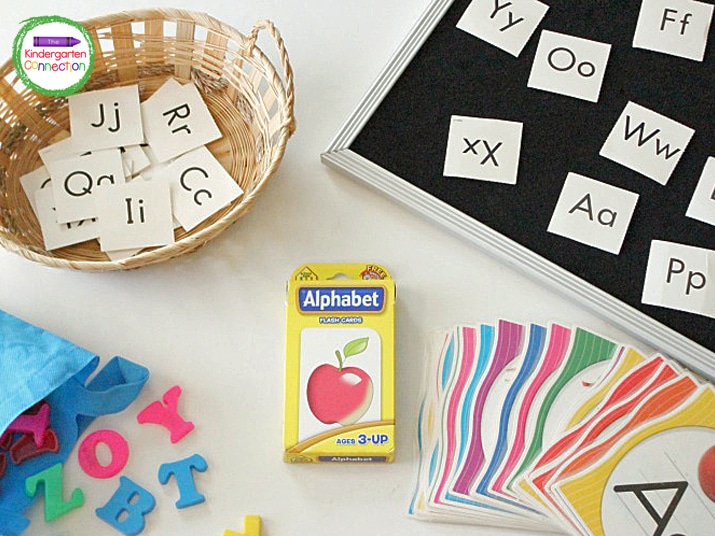 For this alphabet guessing game, grab some letter manipulatives and flash cards.