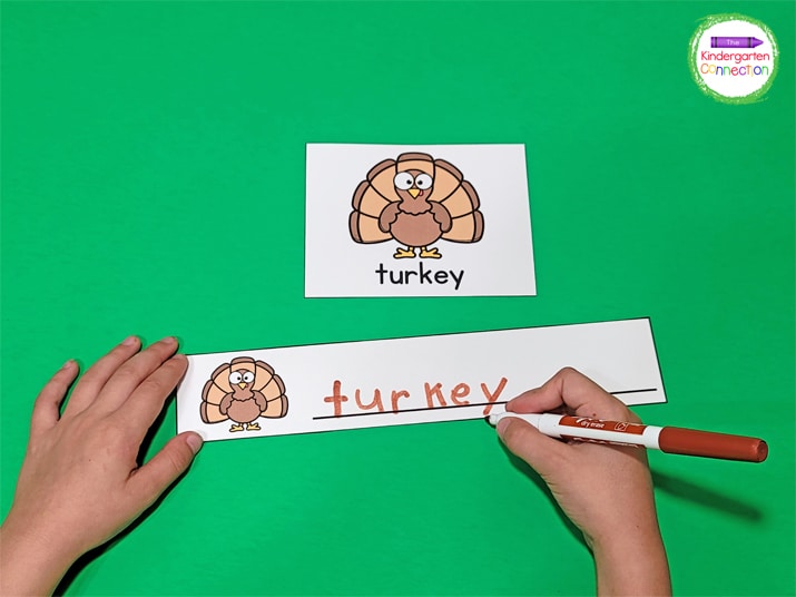 Print the Write It! strips, laminate them, and then add them to your centers with dry erase markers.