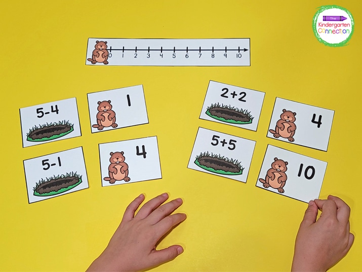 This Groundhog Day Math Facts Game includes both an addition and subtraction version!