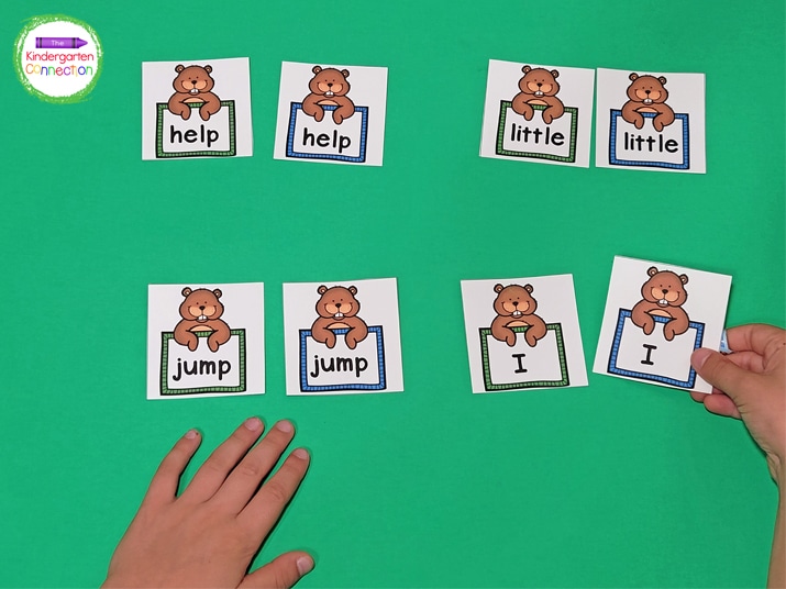 To play, students will match a green groundhog sight word card to a blue groundhog sight word card.