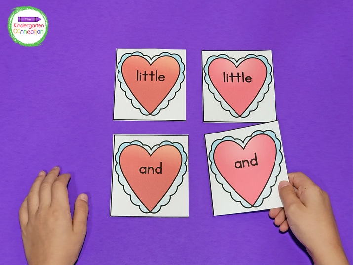 In this sight word game, students match the red sight word hearts with the pink sight word hearts.