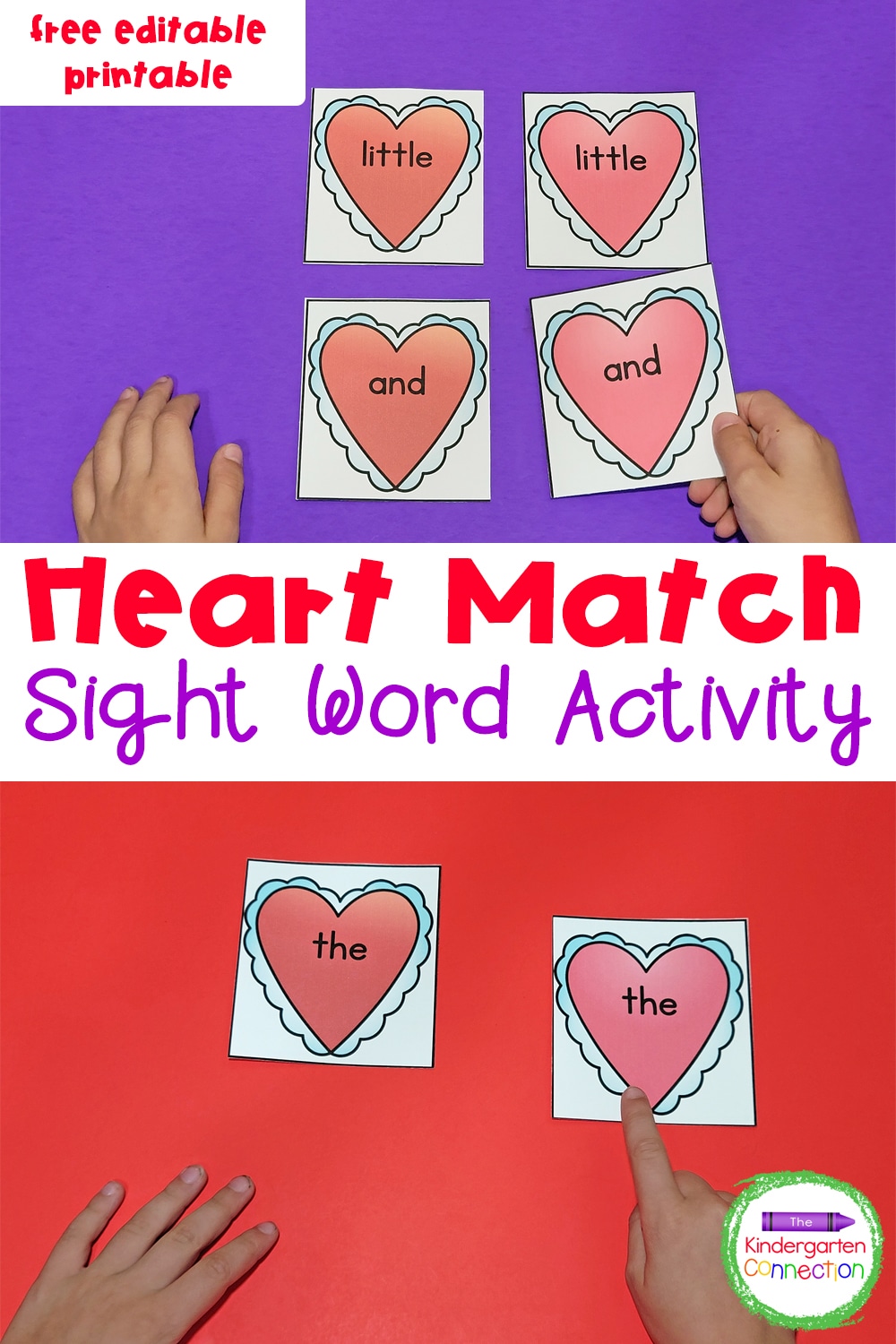 This free editable Heart Match Valentine Sight Words Game is perfect for small groups and literacy centers in Kindergarten!