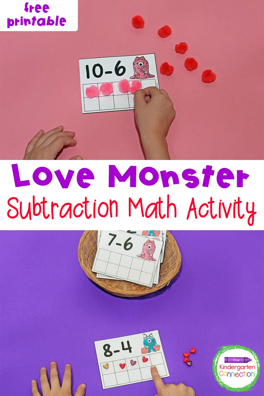 Make math centers hands-on, engaging, and fun this Valentine's Day with these free printable Love Monster Subtraction within 10 Cards!