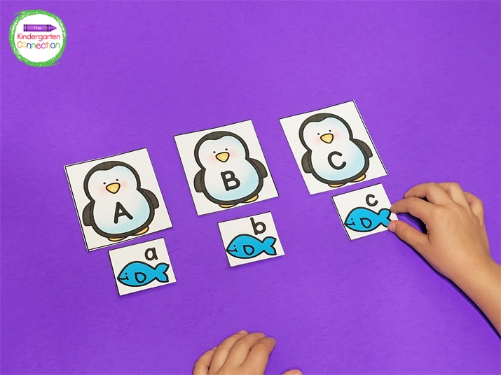 We keep picking lowercase fish and matching them up to the uppercase penguins until all the letters have been paired up!