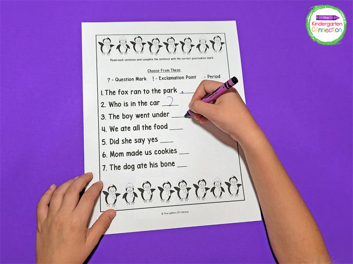 To use this activity, I simply printed the penguin punctuation printables and we used crayon to fill in the blanks.