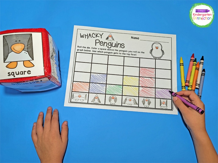 For this roll and graph activity, print the recording sheet and pocket dice printables and grab some crayons.