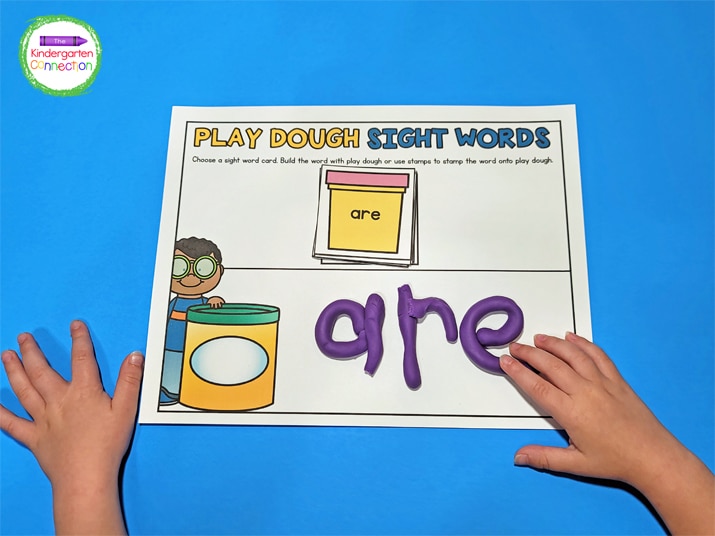 In this sight word activity, just pick a sight word card and build the word with play dough on the mat.