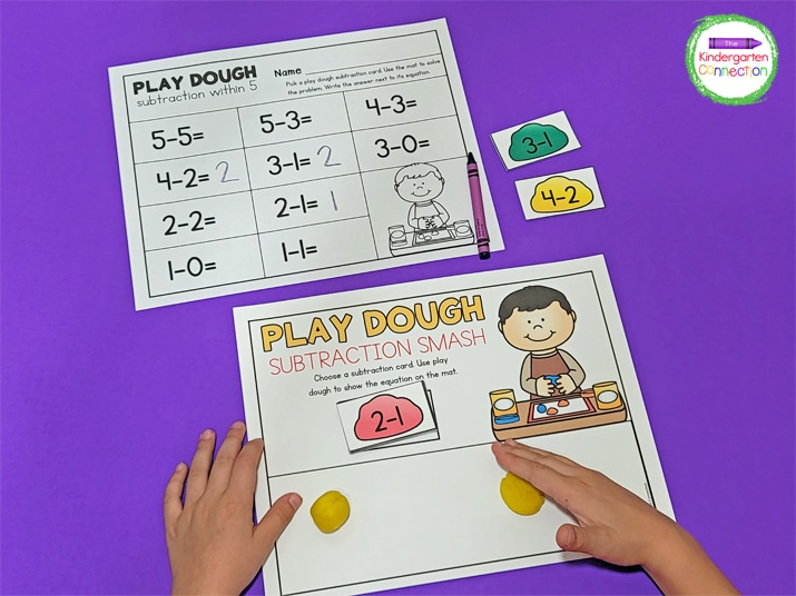 In Subtraction Smash, kids use the play dough to solve the equations on the mat.