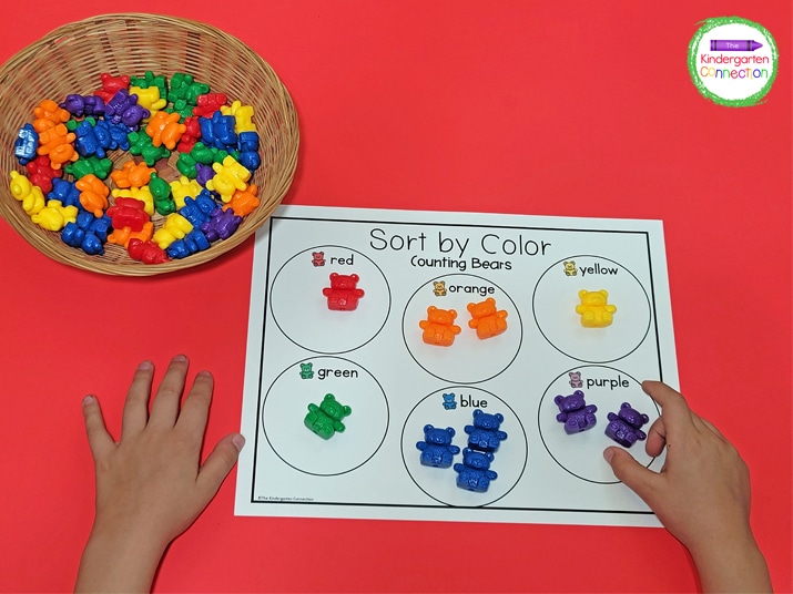 For the Sort by Color mats, choose a counting bear and place it in the circle with the corresponding color word.