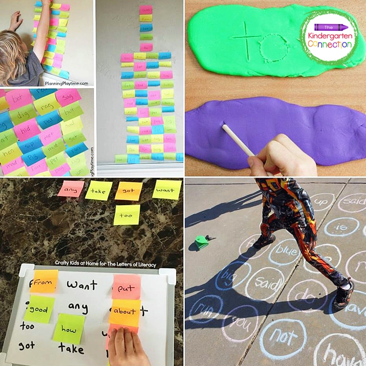 Incorporate fun materials like play dough, chalk, and sticky notes to practice sight words.
