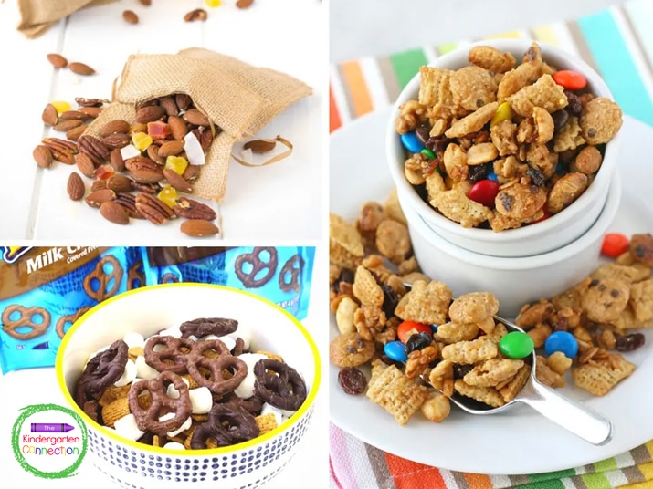 Snack mixes can include a fun mix of sweet treats like candy and salty snacks like mixed nuts.