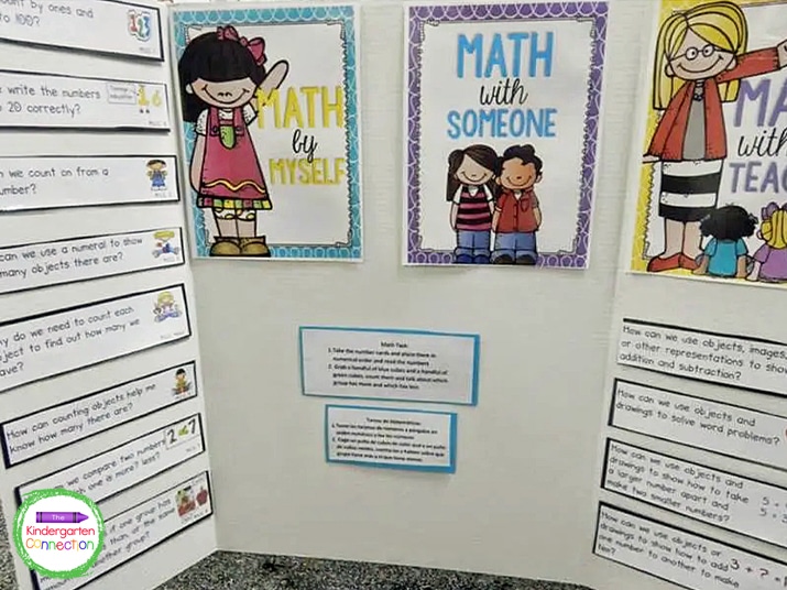 The math station included tasks for students to do by themselves, with a parent, and with the teacher.