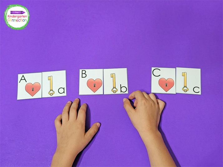 To play, kids will match the uppercase heart lock alphabet puzzle pieces with the lowercase lock pieces.