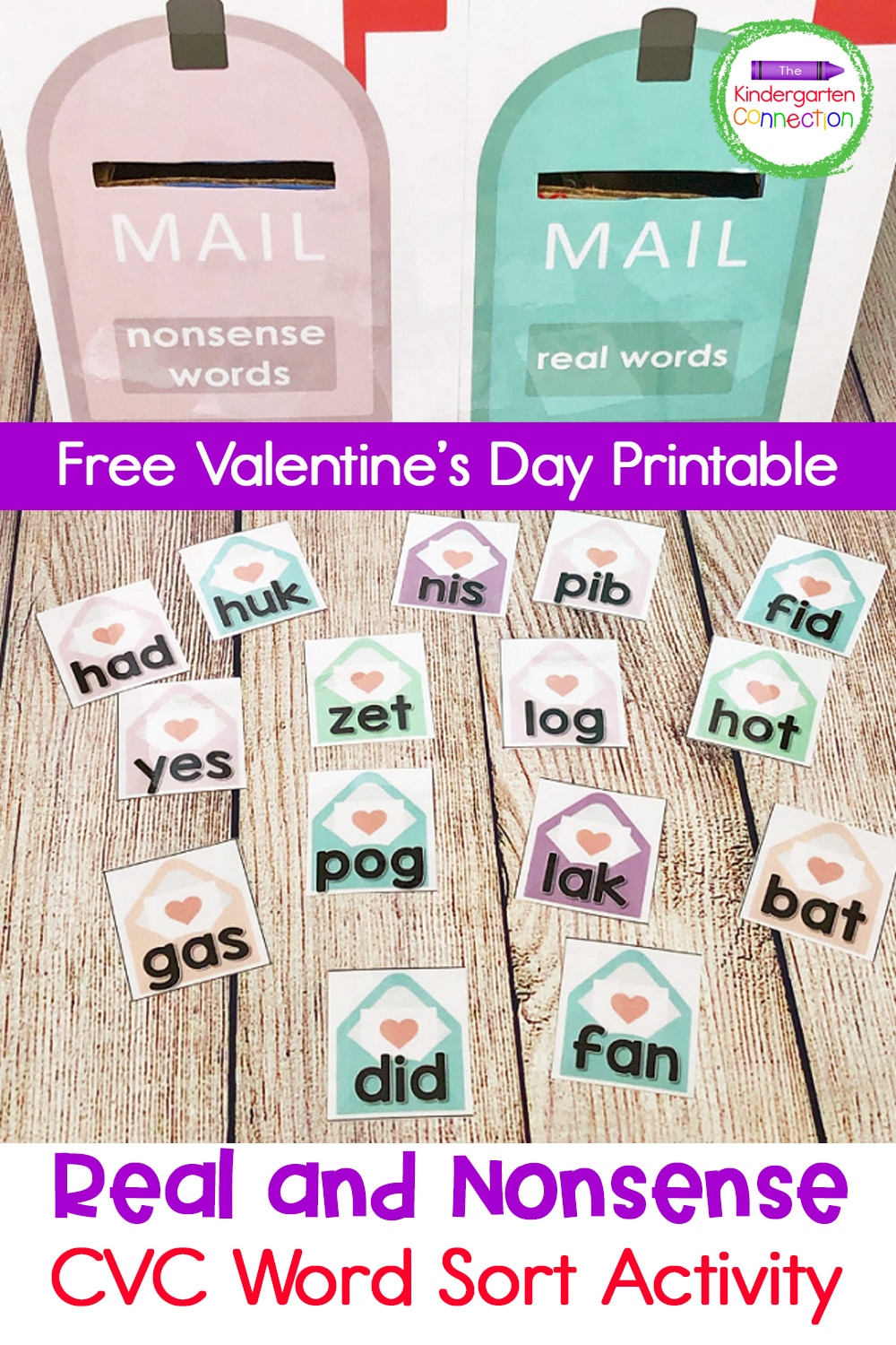 Grab our FREE Printable Valentine's Day Real and Nonsense CVC Word Sort Activity for your Kindergarten literacy centers this February!