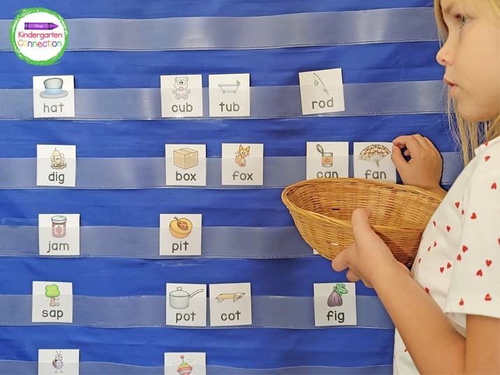 Display matches in a pocket chart for students to see the CVC rhyming words.