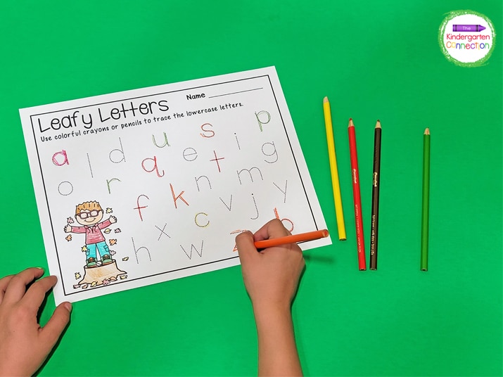 These fall letter tracing printables include a lowercase version for students to pick a letter and trace.