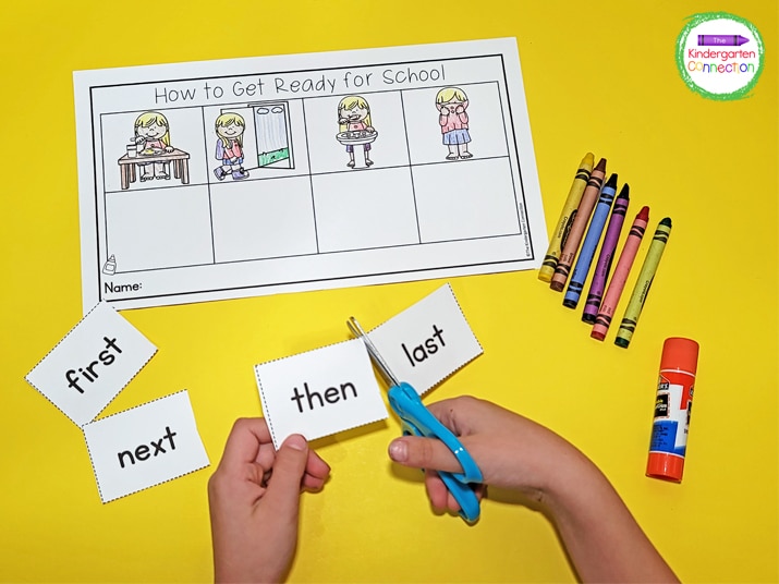 In this sequencing activity, kids will cut and paste the sequencing words under the pictures.