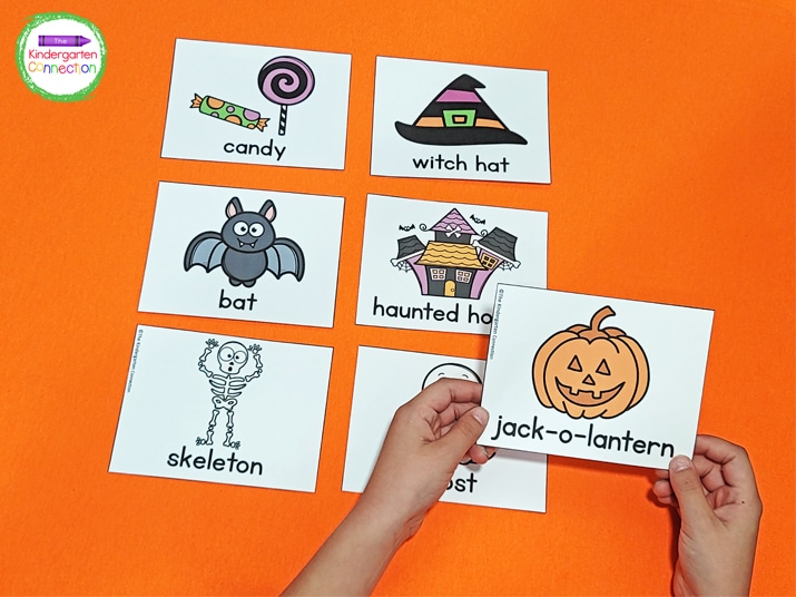 These Halloween vocabulary cards showcase Halloween themes like bats, jack-o-lanterns, candy, black cats, candy corn, and caramel apples.