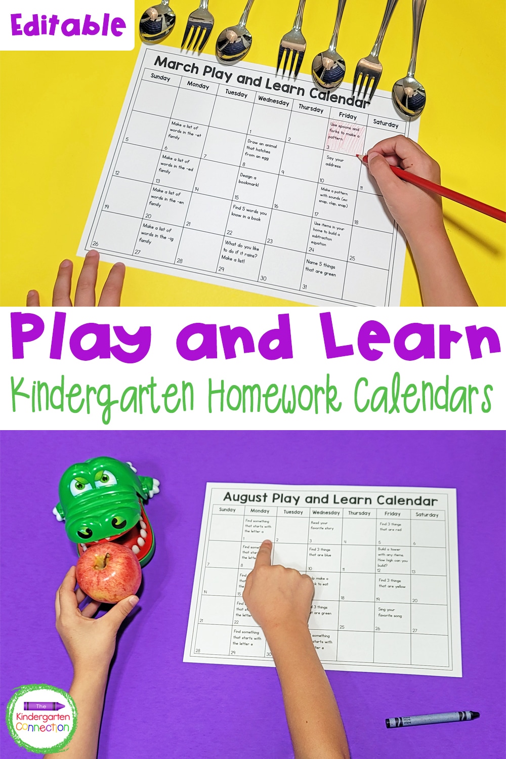 These EDITABLE Play and Learn Kindergarten Homework Calendars are a fun and effective way to encourage playful learning at home!