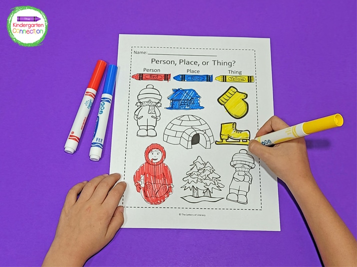 On the first printable, kids color the pictures based on whether it is classified as a person, place, or thing.