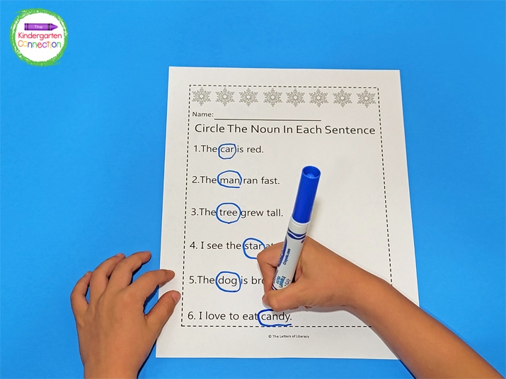 On the second printable, kids read the sentence and circle the noun.