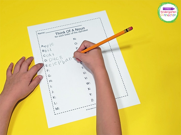 The third printable is a list of all of the letters in the alphabet and kids can think of a noun that starts with each letter.