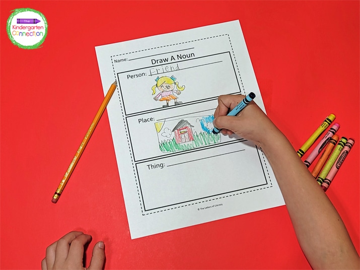 The last printable has three separate boxes for kids to draw a person, place, and thing.